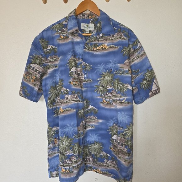 Island Shores Hawaiian Shirt Mens Medium Blue Tropical Palm Tree Beach Aloha - Picture 2 of 10